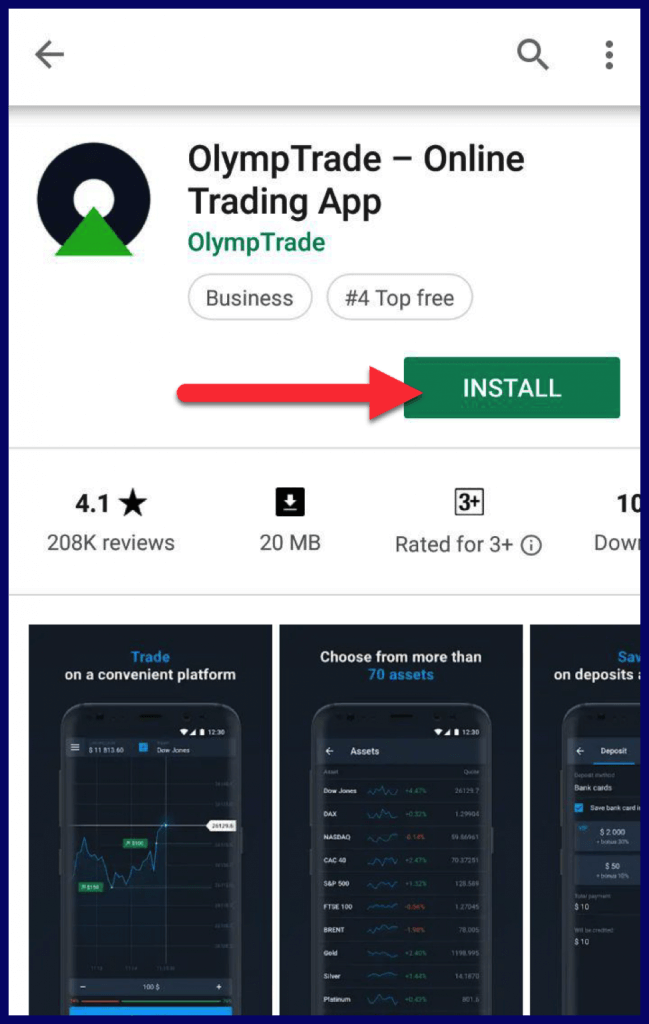 نحوه نصب برنامه Olymp Trade Mobile در Google Play (برنامه Android)